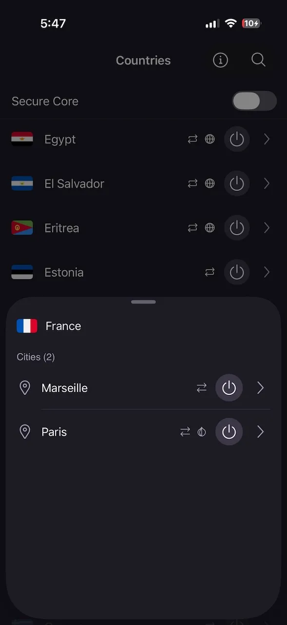 ProtonVPN iPhone app country picker with the Secure Core toggle and French cities Marseille and Paris