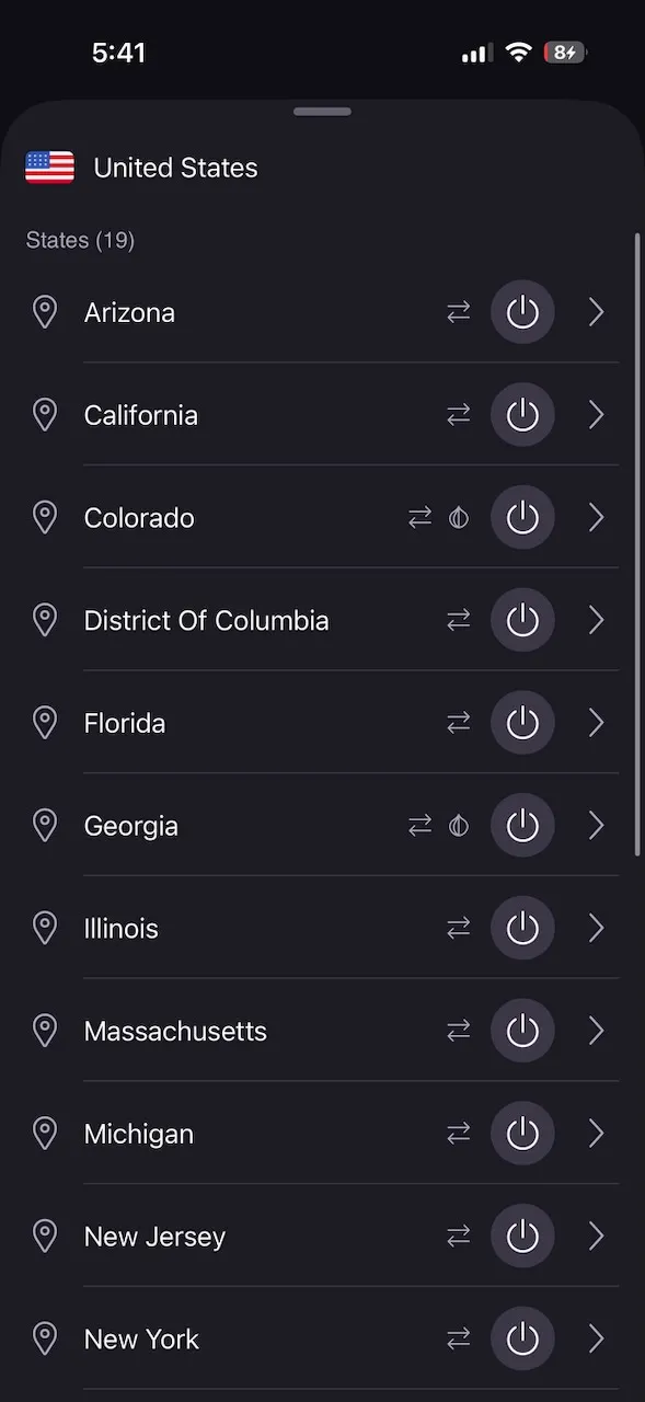 ProtonVPN iPhone app location picker showing United States server locations