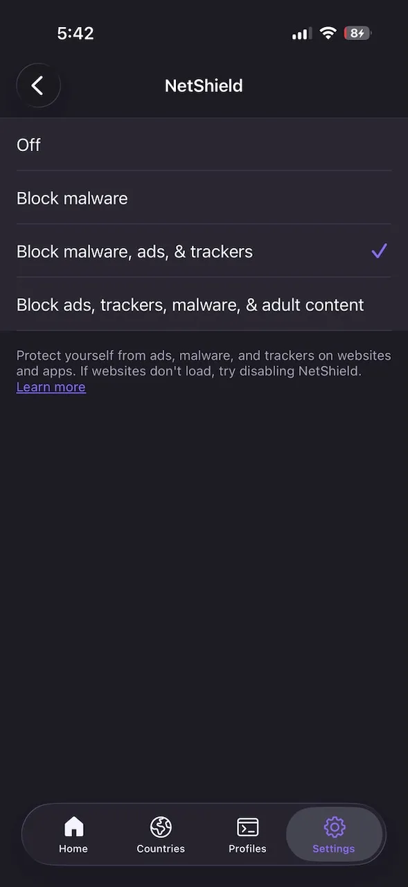 ProtonVPN NetShield on the iPhone app, set to block ads, trackers and malware