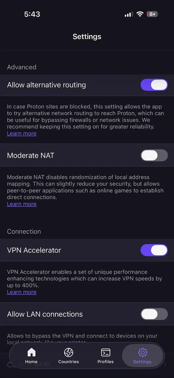 ProtonVPN iPhone app settings with VPN Accelerator, alternative routing and LAN connections