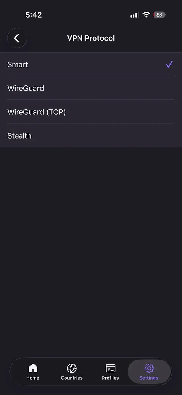 ProtonVPN iPhone app VPN protocol picker with Smart, WireGuard and Stealth