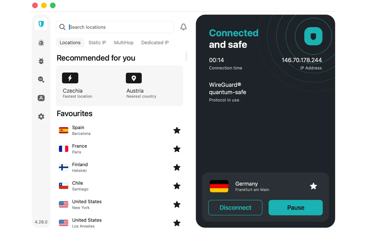 Aplikace Surfshark pro Mac připojená k serveru ve Frankfurtu v Německu