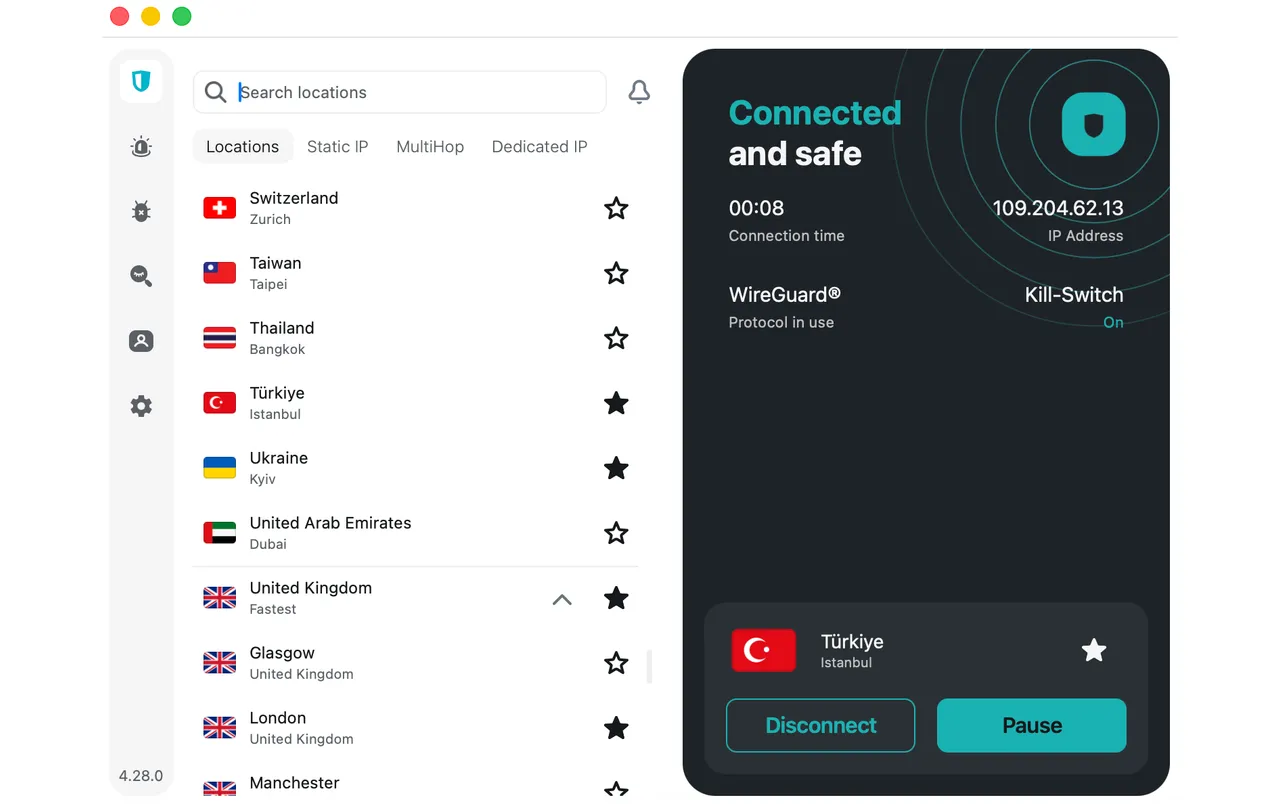 Aplikace Surfshark pro Mac připojená k serveru v Istanbulu v Turecku