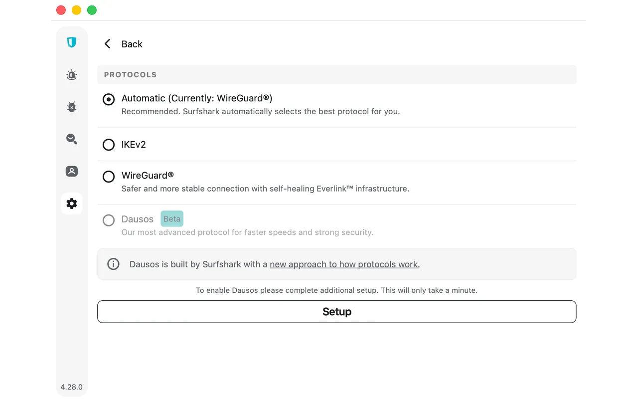 Výběr VPN protokolu v aplikaci Surfshark pro Mac s WireGuard, IKEv2 a Dausos