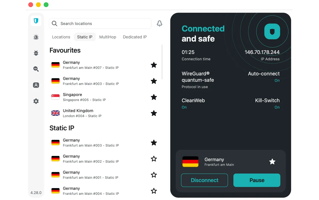 Statické IP servery v Německu v aplikaci Surfshark pro Mac