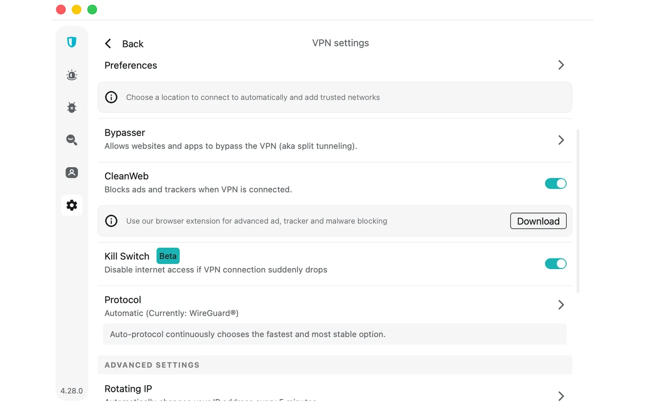 Nastavení VPN v aplikaci Surfshark pro Mac s funkcí Bypasser, CleanWeb a Kill Switch