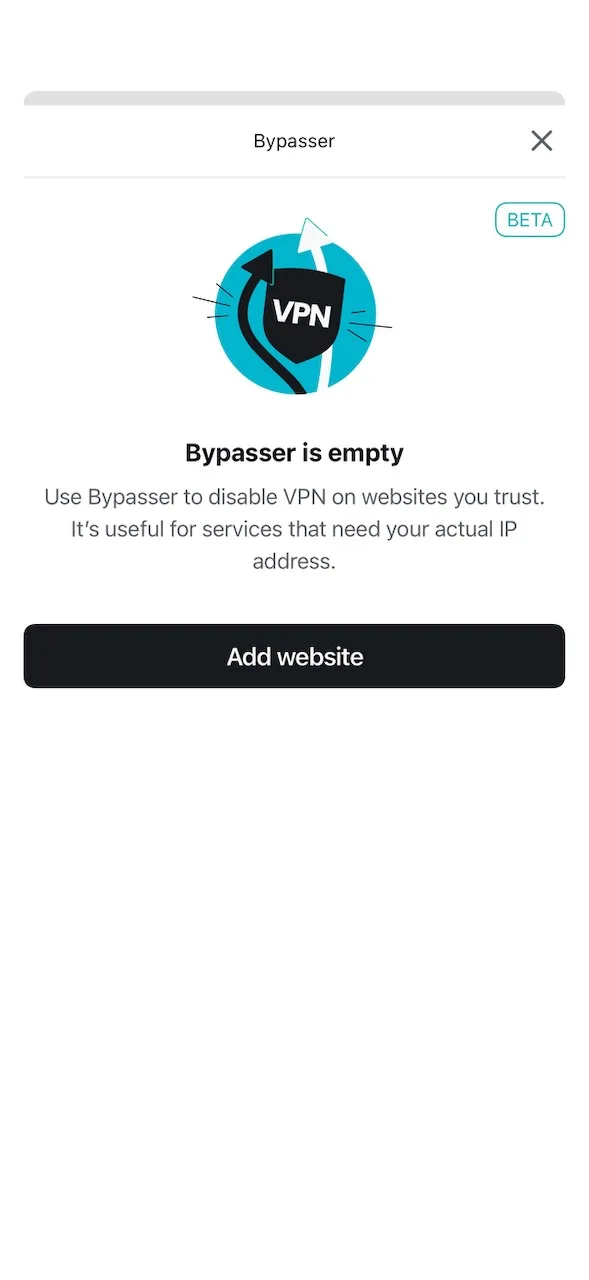 Funkce Bypasser pro rozdělené tunelování v aplikaci Surfshark pro iPhone