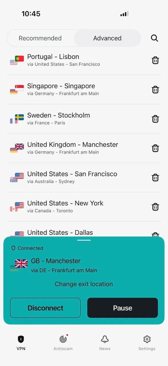 Seznam uložených připojení MultiHop v aplikaci Surfshark pro iPhone