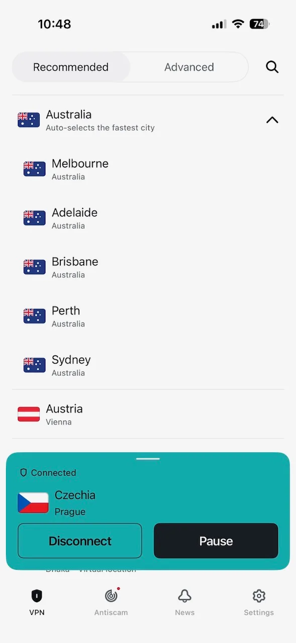 Australská serverová města v seznamu lokalit v aplikaci Surfshark pro iPhone