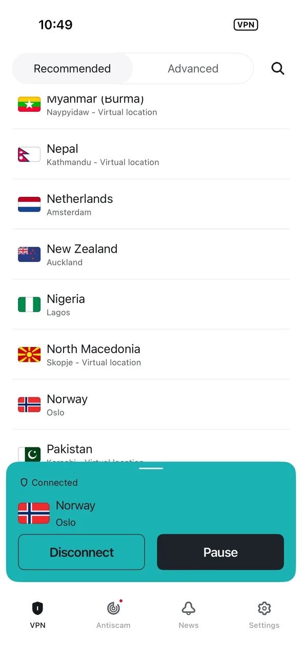 Úplný seznam zemí v aplikaci Surfshark pro iPhone připojené k Oslu v Norsku