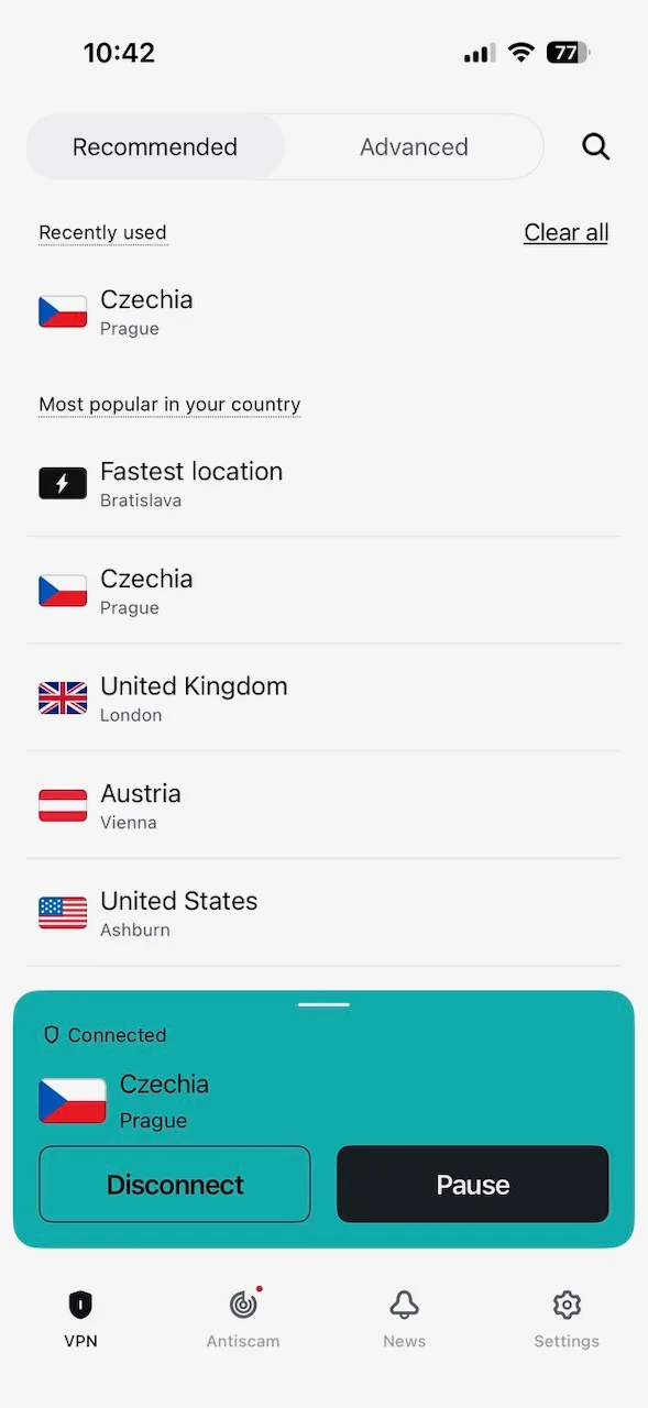 Doporučené lokality s naposledy použitými servery v aplikaci Surfshark pro iPhone