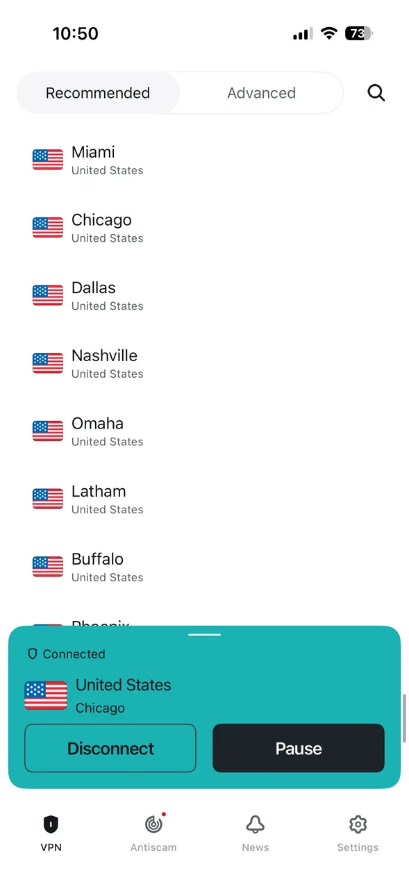 Americká serverová města v seznamu lokalit v aplikaci Surfshark pro iPhone