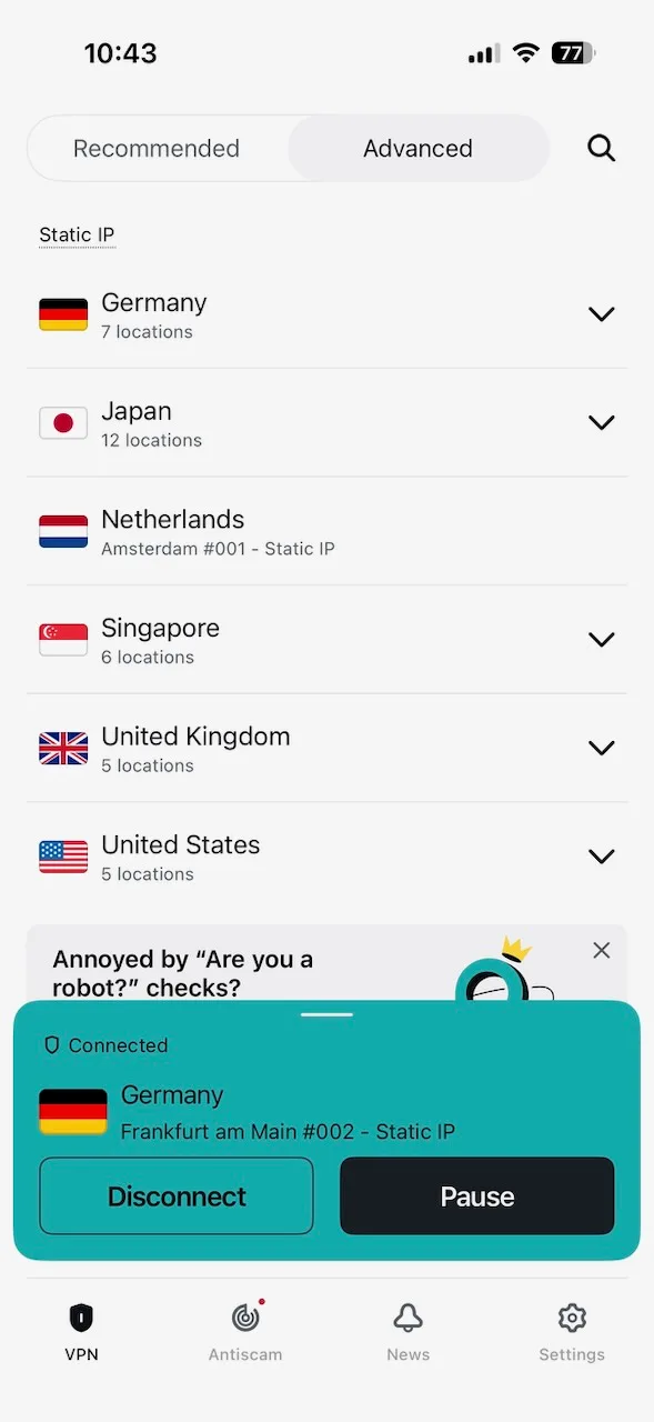 Statické IP servery v aplikaci Surfshark pro iPhone připojené k Frankfurtu v Německu