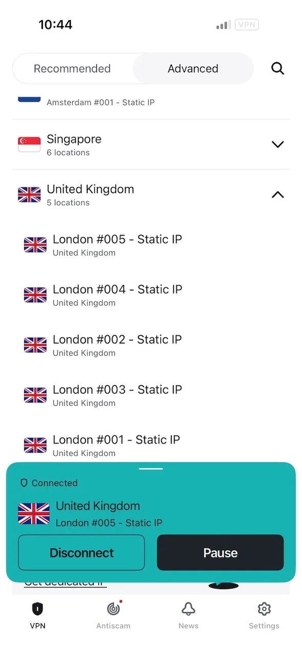 Aplikace Surfshark pro iPhone připojená ke statickému IP serveru v Londýně ve Velké Británii