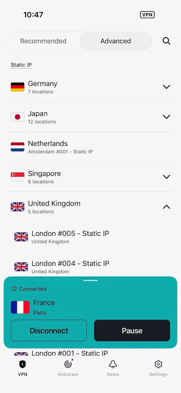 Seznam serverů v aplikaci Surfshark pro iPhone připojené k Paříži