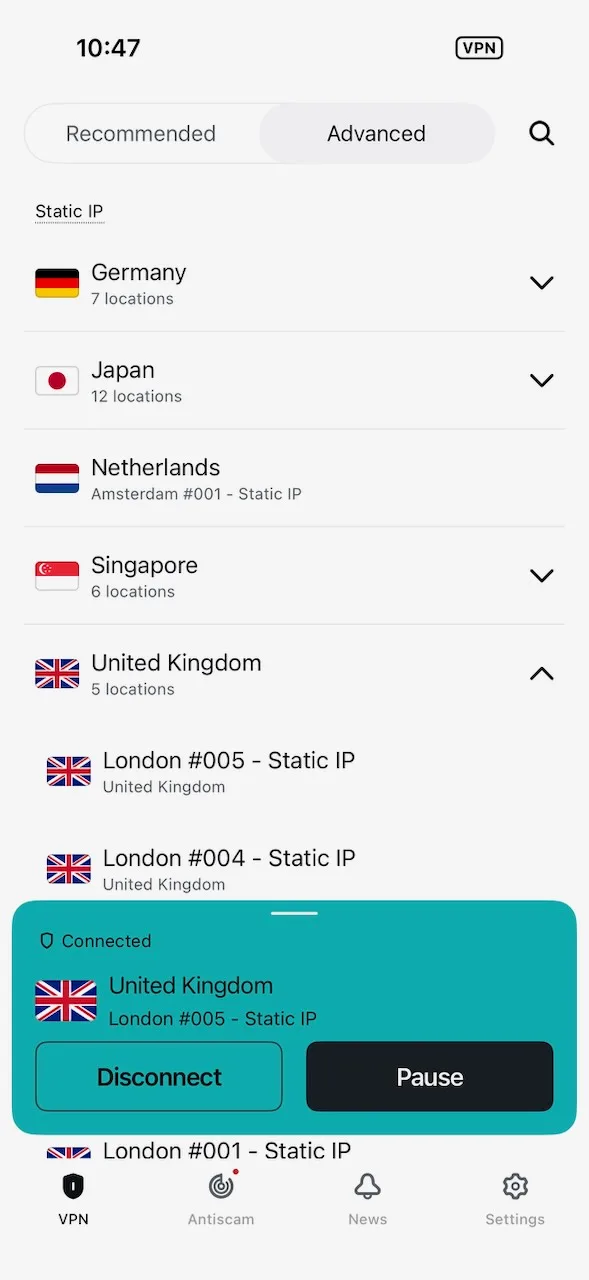 Statické IP servery v Londýně ve Velké Británii v aplikaci Surfshark pro iPhone