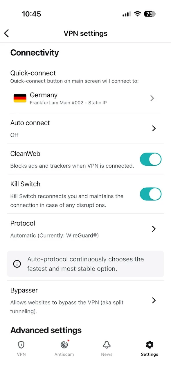 Nastavení VPN v aplikaci Surfshark pro iPhone se zapnutým CleanWeb a Kill Switch