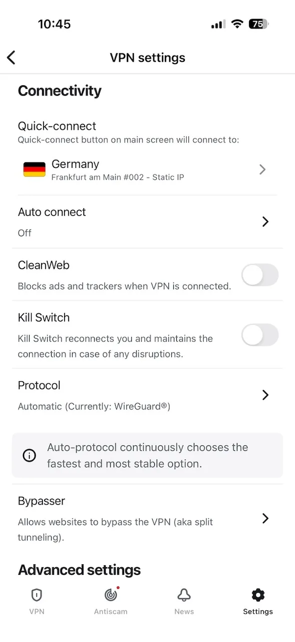 Nastavení VPN v aplikaci Surfshark pro iPhone s vypnutým CleanWeb a Kill Switch