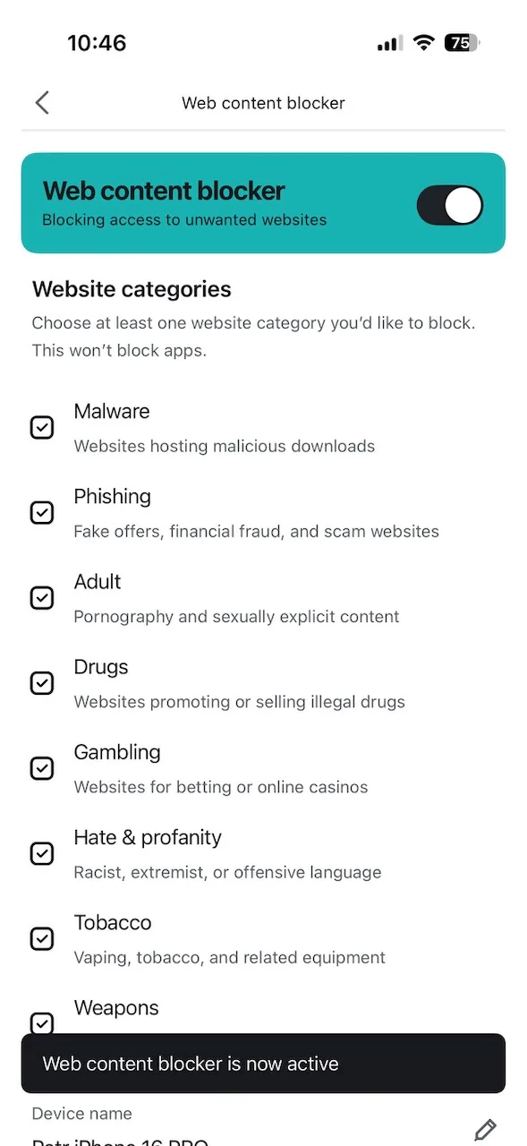 Blokování webového obsahu v aplikaci Surfshark pro iPhone s kategoriemi malware a phishing
